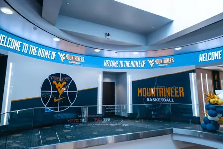 The staircase inside the WVU Basketball Practice Facility at the Hope Coliseum Complex.