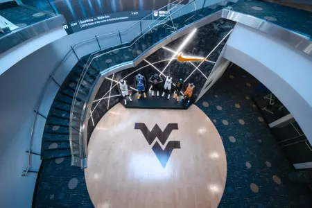 The staircase inside the WVU Basketball Practice Facility at the Hope Coliseum Complex.
