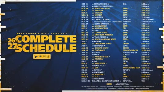 Graphic with times and television information for WVU men's basketball