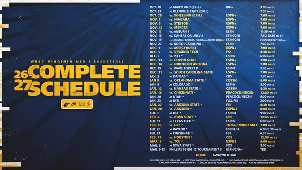 Graphic with times and television information for WVU men's basketball