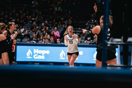 Reagan Turk celebrates after a point against Cincinnati on Oct. 16