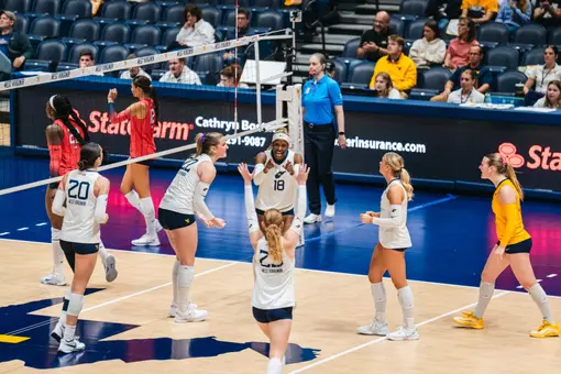 WVU Volleyball celebrates as they defeat Arizona on Oct. 23