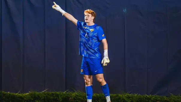 Toby Mawer in goal for the West Virginia men's soccer team