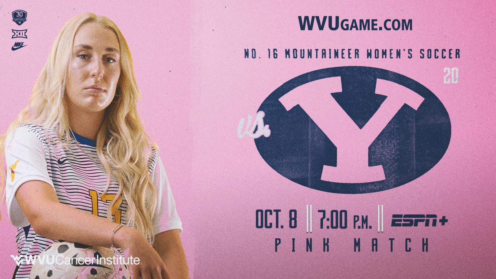 WVU women’s soccer matchup graphic for BYU Pink Match