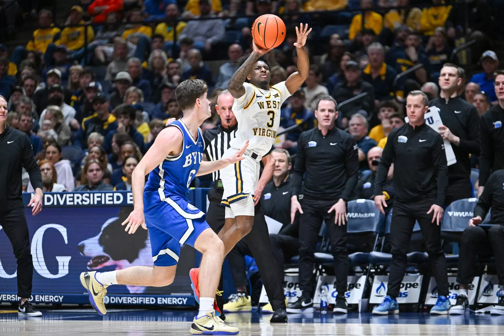 WVU men's basketball game action vs BYU Saturday, Feb. 28, 2026.