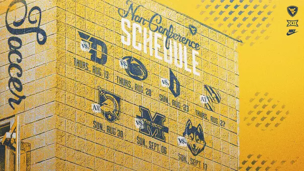 A graphic depicting the dates and opponents for the 2026 nonconference women's soccer schedule.