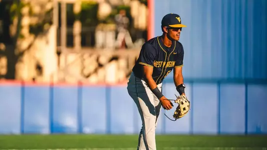 West Virginia third baseman Tyrus Hall manning third base for the Mountaineers in their 5-2 victory over ninth-ranked Kansas at Hoglund Ballpark in Lawrence, Kansas, on Saturday, May 9, 2026.