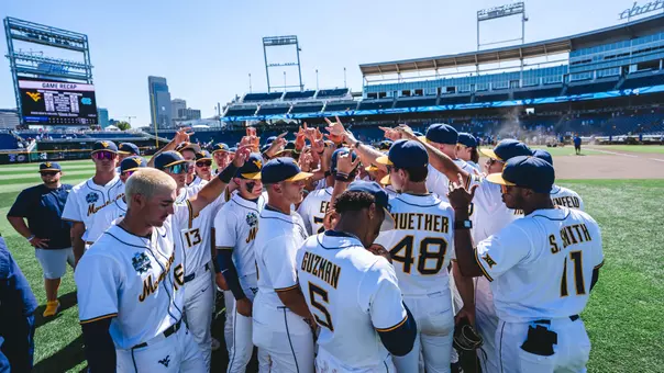 Baseball Team Huddle postgame after a game against North Carolina at the College World Series