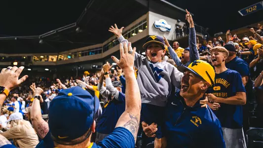 West Virginia fans celebrate the Mountaineers' walk-off, 6-5 victory over Kentucky in the deciding game of the Morgantown Regional played at Kendrick Family Ballpark on Monday, June 1, 2026.