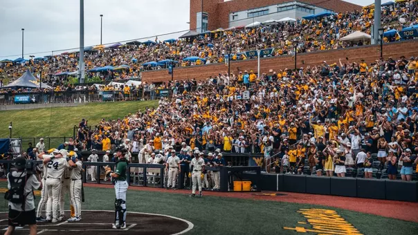 West Virginia celebrates a run during its 17-1 victory over Cal Poly at Ken Kendrick Family Ballpark on Saturday, June 6, 2026.