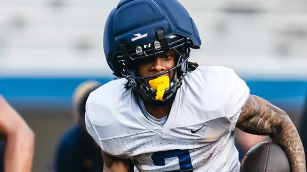 Senior wide receiver DJ Epps makes a catch during a 2026 spring practice inside Milan Puskar Stadium.