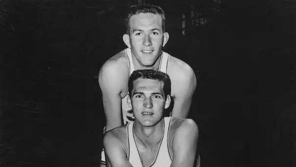 A publicity photo of West Virginia's 1960 men's basketball team co-captains Willie Akers and Jerry West.
