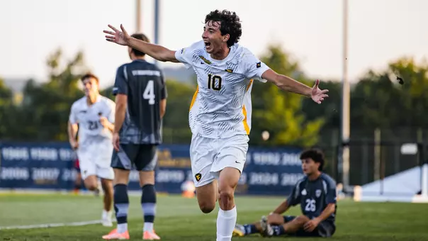 Julen Recalde celebrates a goal against St. Bonaventure
