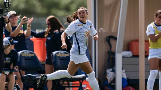 Sophia Nickel celebrates following her goal against Duquesne.