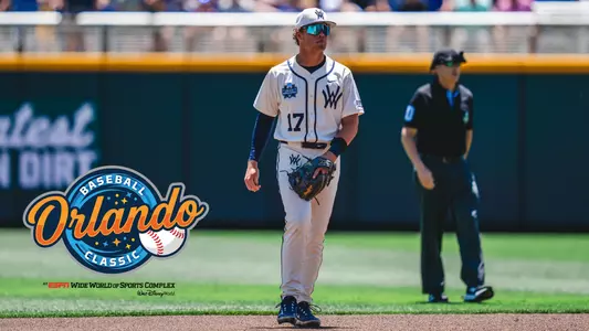 Matt Ineich in the College World Series with the Orlando Baseball Classic logo