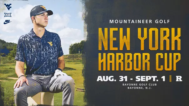 A graphic previewing the WVU golf season opener in New Jersey