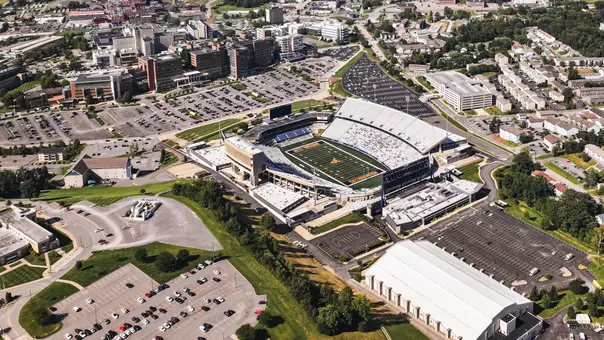 An aerial shot of Milan Puskar Stadium taken on Sunday, August. 30, 2026, prior to West Virginia's season-opening game against Coastal Carolina on Saturday, Sept. 5, 2026.
