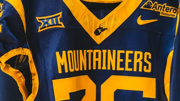 West Virginia's 2026 football jersey on display with the new corporate logo Antero Resources on the front.
