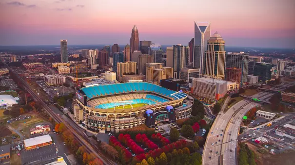An aerial photo of Bank of America Stadium, site of the 2026 Duke's Mayo Classic featuring Virginia and West Virginia.