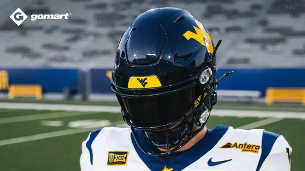 West Virginia will wear a blue helmet, white jersey and blue pants against No. 25 Virginia in Charlotte, N.C., on Sept. 19, 2026.