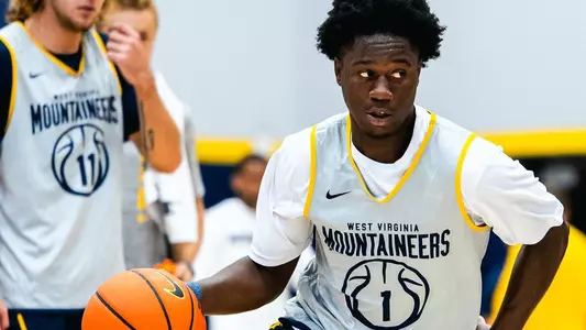 West Virginia freshman guard Miles Sadler takes part in a preseason practice at the Basketball Practice Facility in Morgantown, West Virginia.