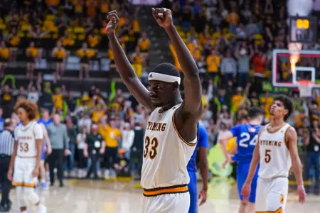 Feb 19, 2022; Laramie, WY, USA; Wyoming Cowboys forward Graham Ike (33) against the Air Force Falcons at Arena-Auditorium. The Cowboys beat the Falcons 75-67. Mandatory Credit: Troy Babbitt-UW Media-Athletics