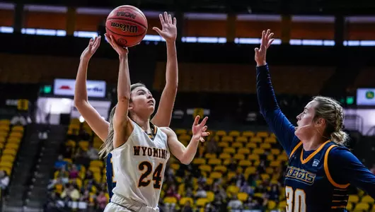 Nov 22, 2022; Laramie, WY, USA; Wyoming Cowgirls guard Tommi Olson (24) at Arena-Auditorium. The Cowgirls beat the Rangers 64-44. Mandatory Credit: Troy Babbitt-UW Media-Athletics