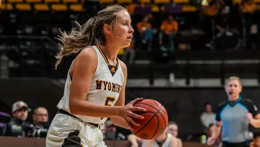 Nov 22, 2022; Laramie, WY, USA; Wyoming Cowgirls forward Tess Barnes (5) against the Regis Rangers at Arena-Auditorium. The Cowgirls beat the Rangers 64-44. Mandatory Credit: Troy Babbitt-UW Media-Athletics