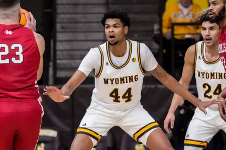 Nov 10, 2022; Laramie, WY, USA; Wyoming Cowboys forward Caden Powell (44) against the Nicholls State Colonels at Arena-Auditorium. The Cowboys beat the Colonels 79-68. Mandatory Credit: Troy Babbitt-UW Media-Athletics