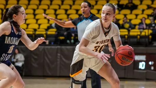 Dec 2, 2022; Laramie, WY, USA; Wyoming Cowgirls guard Ola Ustowska (30) against the Montana State Bobcats at Arena-Auditorium. Mandatory Credit: Troy Babbitt-UW Media-Athletics
