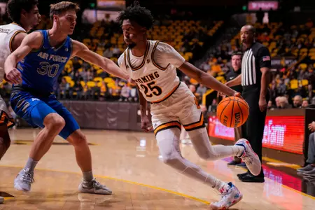 Feb 17, 2023; Laramie, WY, USA; Wyoming Cowboys forward Jeremiah Oden (25) against the Air Force Falcons at Arena-Auditorium.Mandatory Credit: Troy Babbitt-UW Media-Athletics