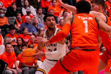 Feb 24, 2023; Fort Collins, CO, USA; Wyoming Cowboys guard Hunter Maldonado (24) against the Colorado State Rams at Moby Arena. The Mandatory Credit: Troy Babbitt-UW Media-Athletics