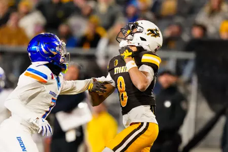 Nov 23; Laramie, WY, USA; Wyoming Cowboys wide receiver Jaylen Sargent (8) against the Boise State Broncos at Jonah Field at War Memorial Stadium. Mandatory Credit: Troy Babbitt-UW Media-Athletics