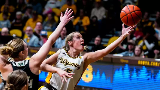 Dec 21, 2024; Laramie, WY, USA; Wyoming Cowgirls forward Tess Barnes (5) against the North Dakota Fighting Hawks at Arena-Auditorium. Mandatory Credit: Troy Babbitt-UW Media-Athletics
