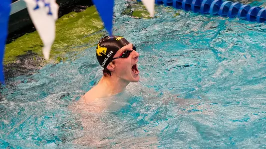 Jackson Kogler celebrating at Air Force, Denver, LSU Dual Meet