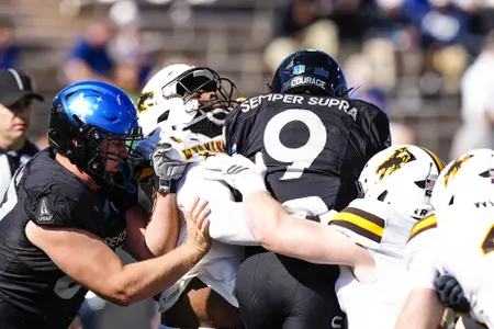 Oct 18, 2025; Colorado Springs-USAFA, CO, USA; Wyoming Cowboys defensive tackle Jayden Williams (98) against the Air Force Falcons at Falcon Stadium. Mandatory Credit: Troy Babbitt-UW Media-Athletics
