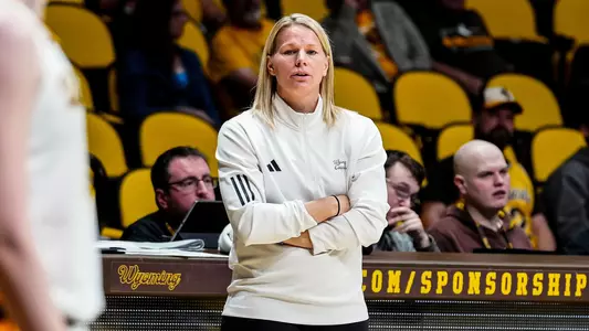 Oct 24, 2025; Laramie, WY, USA; Wyoming Cowgirls head coach Heather Ezell against the Fort Lewis Skyhawks at Arena-Auditorium. The Cowgirls beat the Skyhawks 54-51. Mandatory Credit: Troy Babbitt-UW Media-Athletics