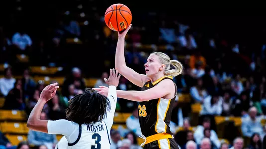 Dec 7, 2025; Boulder, CO, USA; Wyoming Cowgirls guard Henna Sandvik (26) against Colorado Buffalos at CU Events Center. Mandatory Credit: Troy Babbitt-UW Media-Athletics