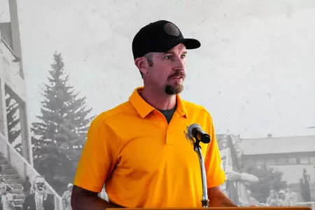 Aug 11, 2025; Laramie, WY, USA; Wyoming Cowboys cross country head coach Scott Dahlberg at UW media day at War Memorial Stadium. Mandatory Credit: Troy Babbitt-UW Media-Athletics