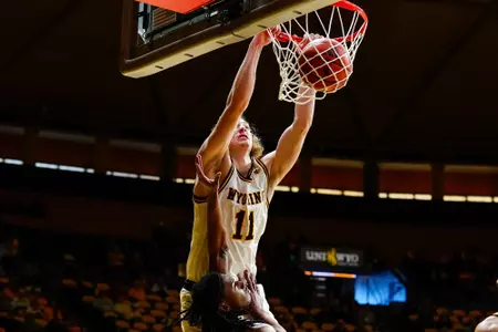 Jan 24, 2026; Laramie, WY, USA; Wyoming Cowboys forward Gavin Gores (11) against the San Jose State Spartans at Arena-Auditorium.Mandatory Credit: Troy Babbitt-UW Media-Athletics