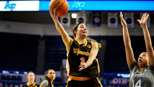 Feb 25, 2026; USAFA, Colorado Springs, CO, USA; Wyoming Cowgirls guard Payton Muma (3) against the Air Force Falcons at Clune Arena. Mandatory Credit: Troy Babbitt-UW Media-Athletics