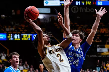 Feb 28, 2026; Laramie, WY, USA; Wyoming Cowboys guard Nasir (Naz) Meyer (2) against the Air Force Falcons at Arena-Auditorium. The Cowboys beat the Falcons 66-62. Mandatory Credit: Troy Babbitt-UW Media-Athletics