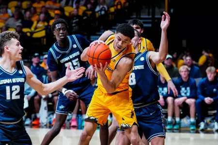 Feb 7, 2026; Laramie, WY, USA; Wyoming Cowboys guard Damarion Dennis (1) against the Utah State Aggies at Arena-Auditorium. Mandatory Credit: Troy Babbitt-UW Media-Athletics