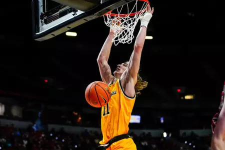 Mar 11, 2026; Las Vegas, NV, USA; Wyoming Cowboys forward Gavin Gores (11) against the UNLV Runnin' Rebels in first round action at Thomas & Mack Center. The Cowboys lost to the Rebels 73-70. Mandatory Credit: Troy Babbitt-UW Media-Athletics