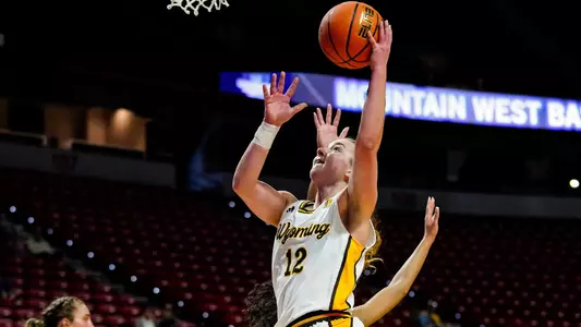 Mar 7, 2026; Las Vegas, NV, USA; Wyoming Cowgirls guard Malene Pedersen (12) against the Air Force Falcons during the first half at Thomas & Mack Center. Mandatory Credit: Troy Babbitt-UW Media-Athletics