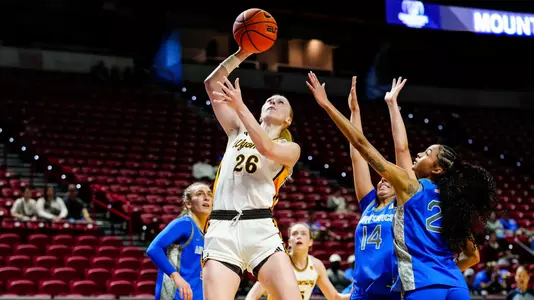 Mar 7, 2026; Las Vegas, NV, USA; Wyoming Cowgirls guard Henna Sandvik (26) against the Air Force Falcons during the first half at Thomas & Mack Center. Mandatory Credit: Troy Babbitt-UW Media-Athletics
