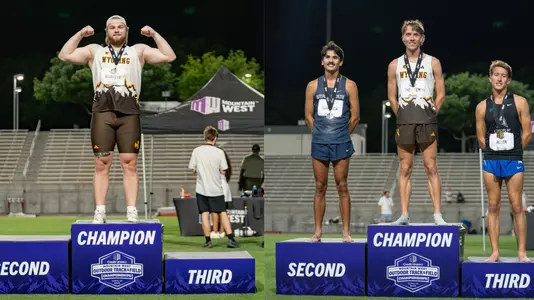 Cam Burkett and Ryker Holtzen atop the Mountain West Outdoor Podiums