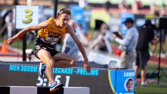 Ryker Holtzen jumping over a barrier in the 3,000-meter steeplechase semifinal at the NCAA Outdoor Championships