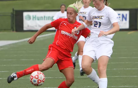 A YSU soccer player possesses the ball