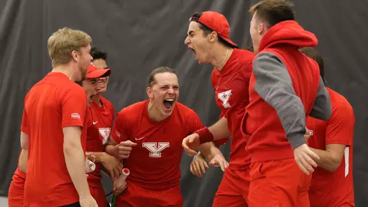 YSU Men's Tennis celebrates its win over Cleveland State
